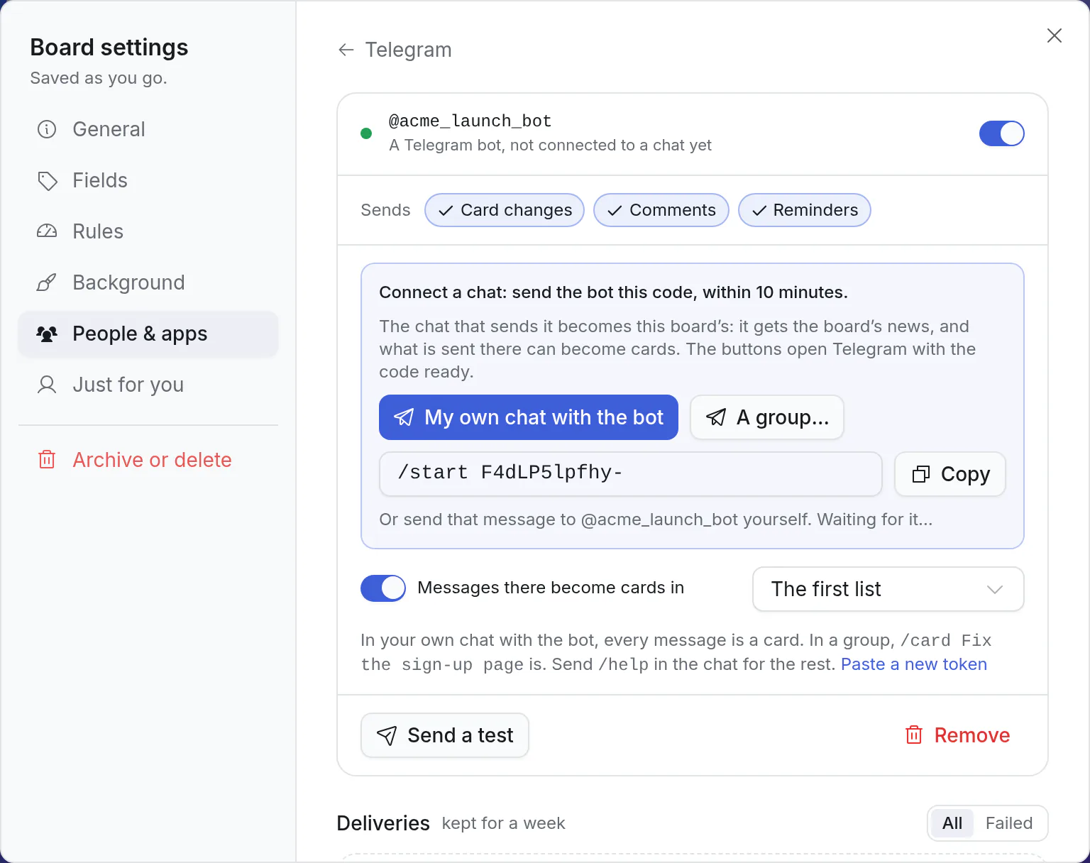 The bot's page: the code that connects a chat, and the two buttons that send it