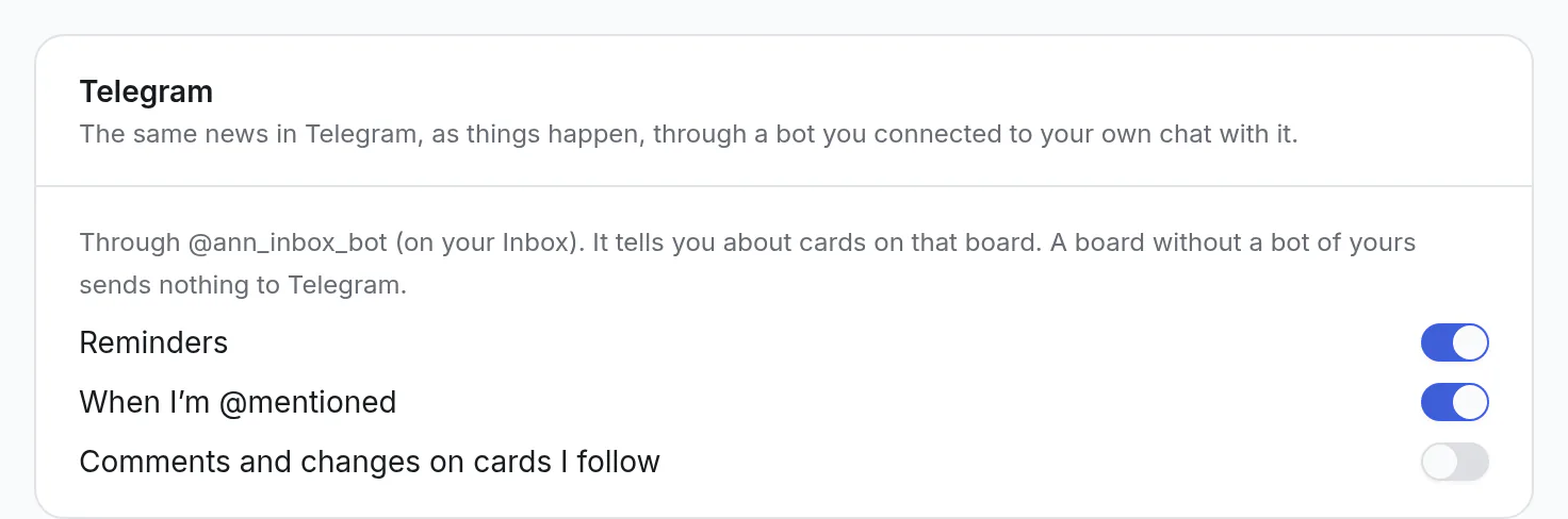 Account settings, Notifications: the Telegram switches