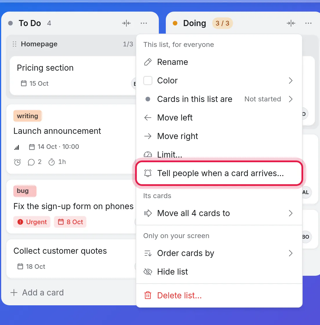 A list's menu, with Tell people when a card arrives… ringed
