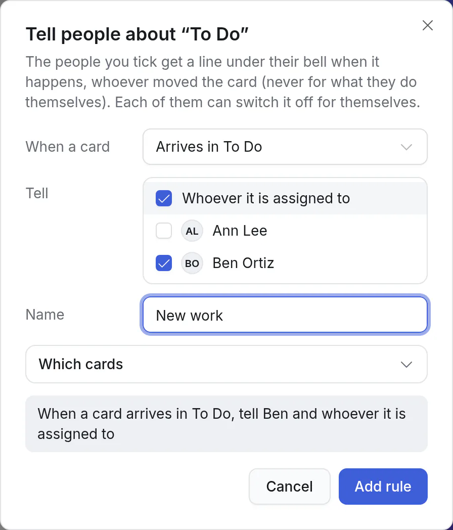 The rule for a list: who to tell, and a name for it