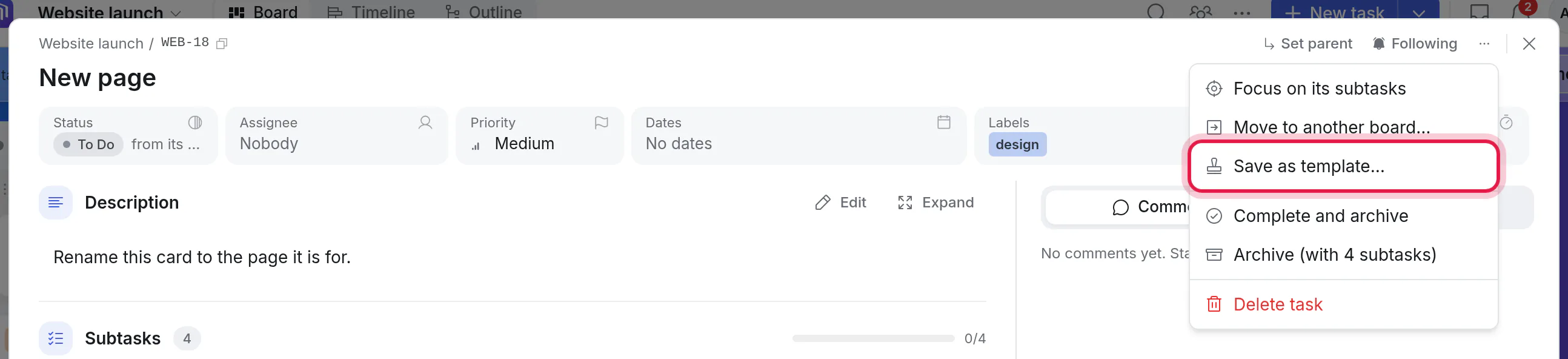 A card's menu, with Save as template… ringed