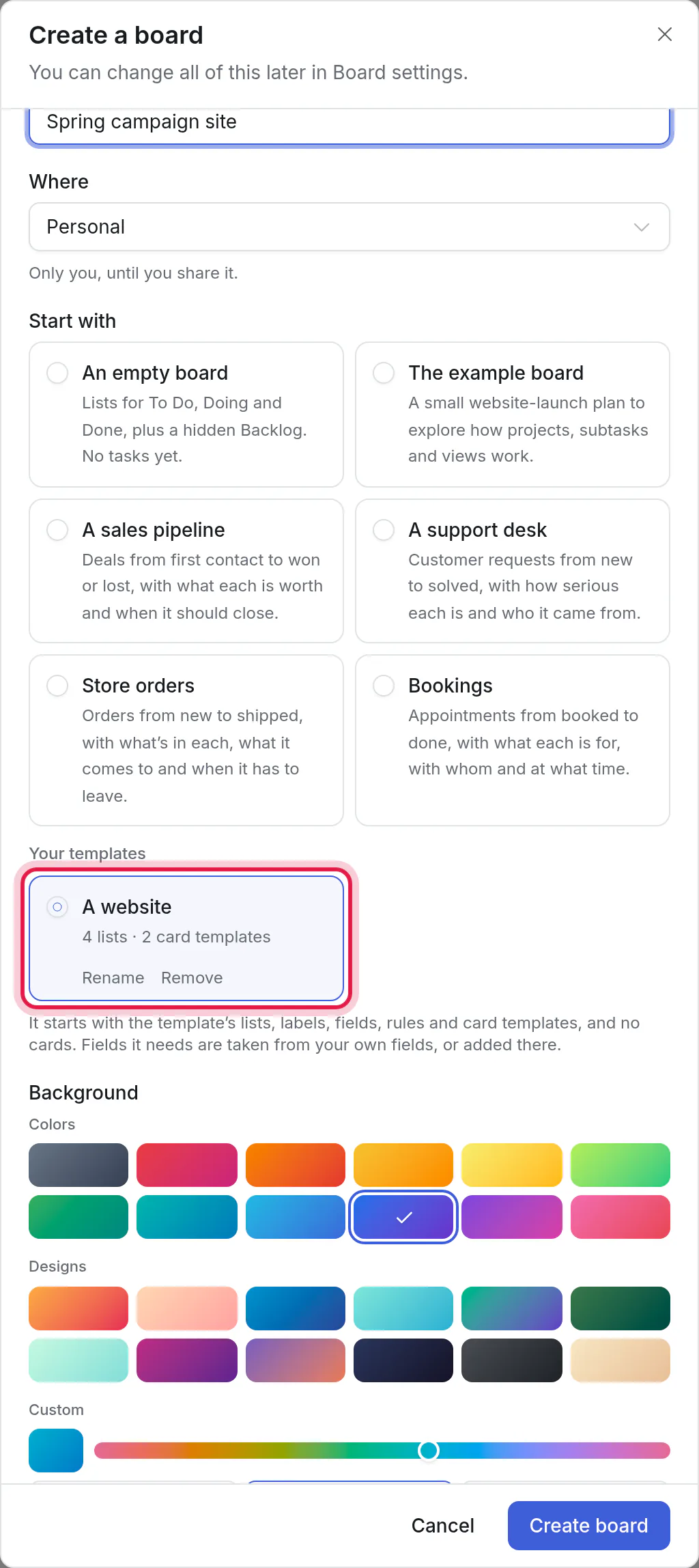 Create a board, with a template chosen under Start with