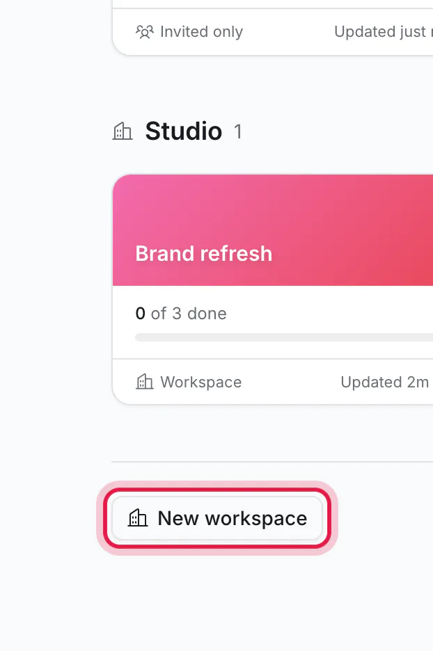 The boards page, with New workspace ringed